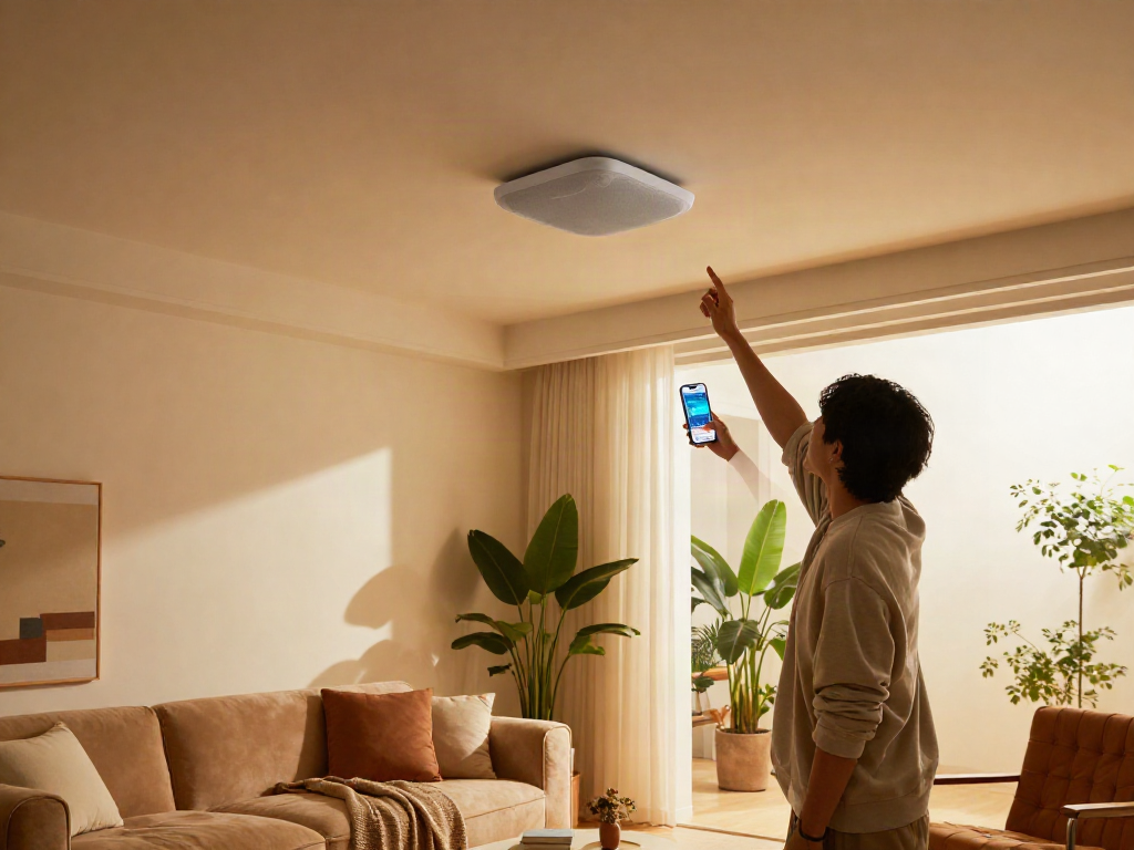 خرید اسپیکر سقفی showcased in a modern living room setting, featuring a person adjusting setup.