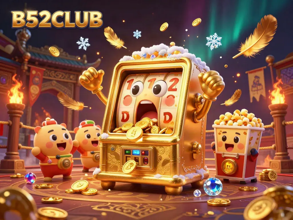 B52CLUB slot machine hits a jackpot, surrounded by cheerful baby slots and golden popcorn.