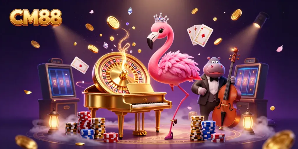 Experience the excitement at CM88 with vibrant casino characters and winning elements in a captivating scene.