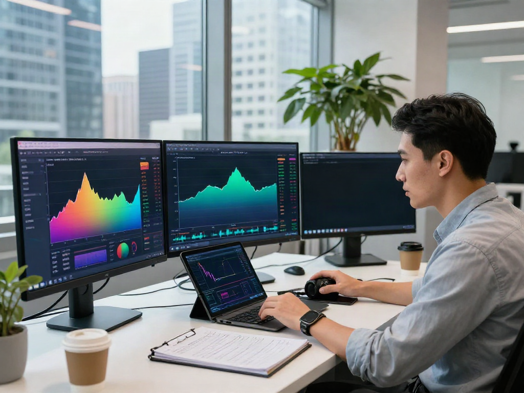 Financial analyst using MetaTrader 5 in a dynamic trading environment with multiple screens and analytical tools.
