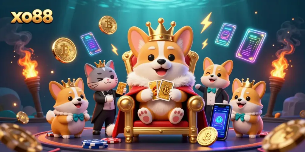 Experience exciting games at xo88 with a royal corgi gambler and crypto elements.