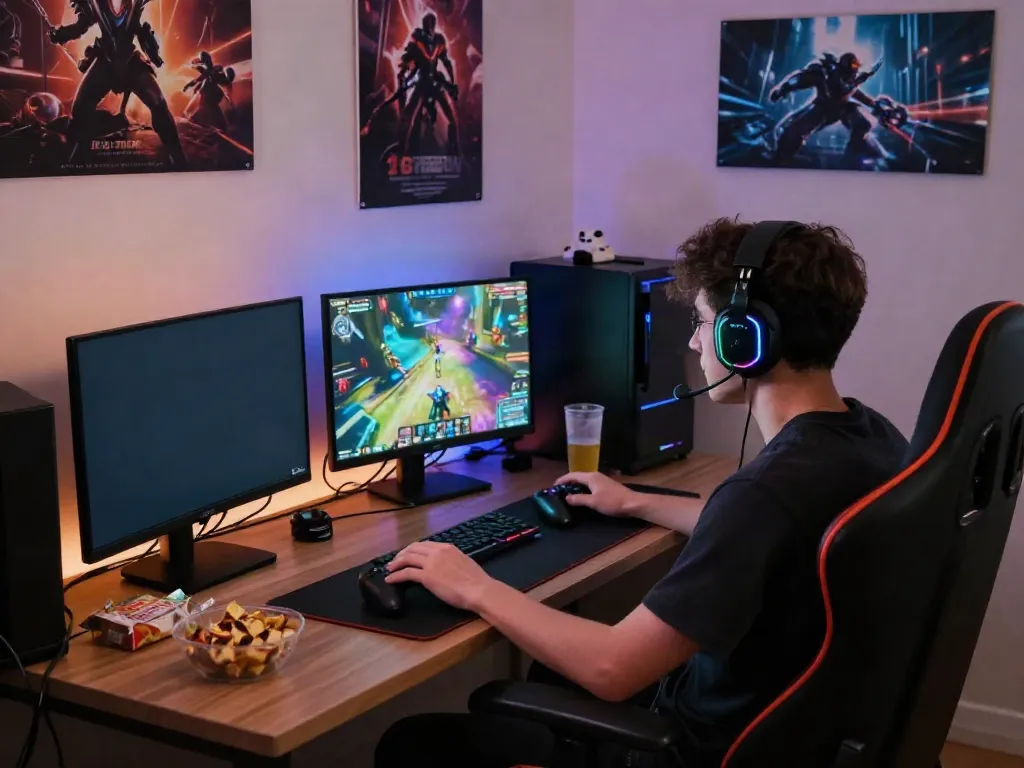 Engaged gamer focused on a dynamic rokok88 gaming session with vibrant visuals.