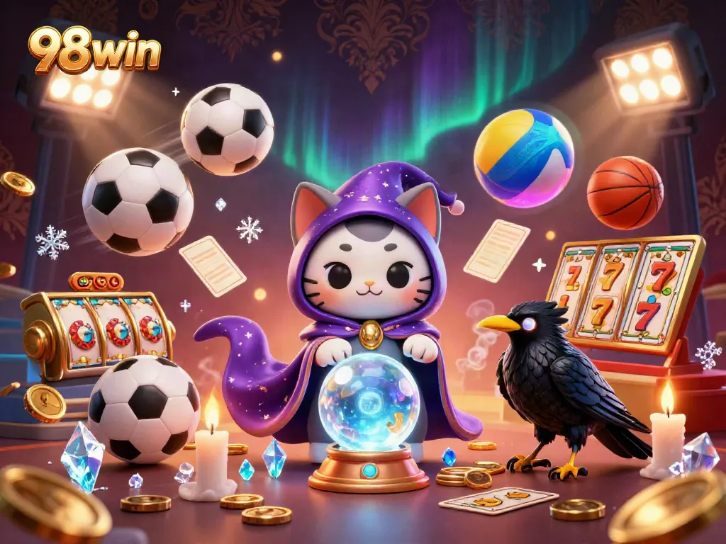 Engage in thrilling betting experiences at 98win with an electrifying casino scene featuring mystical characters and dynamic game elements.