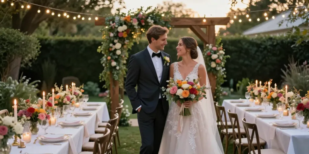 Stunning wedding inspiration with a bride and groom in a garden setting