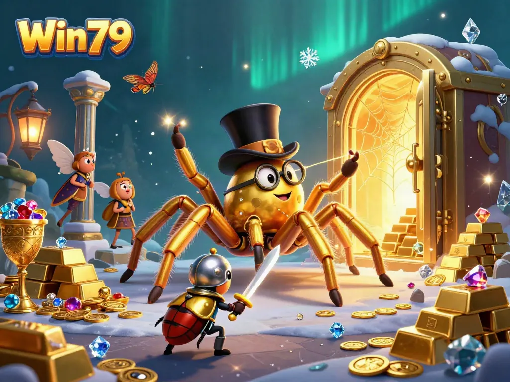 Win79 brings excitement with a whimsical scene featuring golden creatures amidst dazzling casino riches.