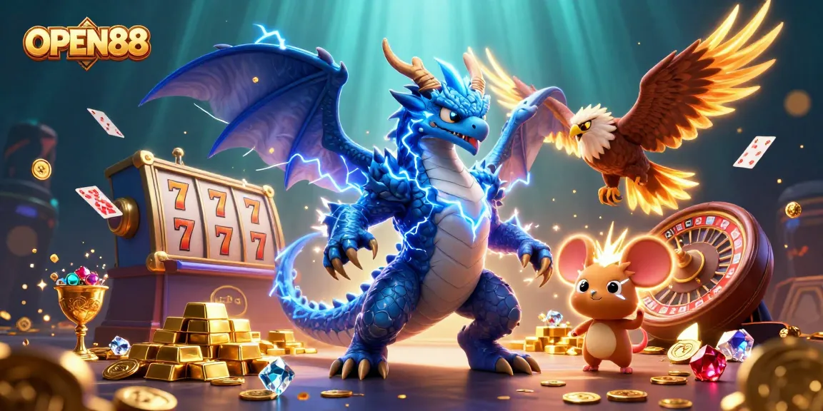 Engage with OPEN88's dynamic casino adventure featuring colorful slot reels and magical treasures.