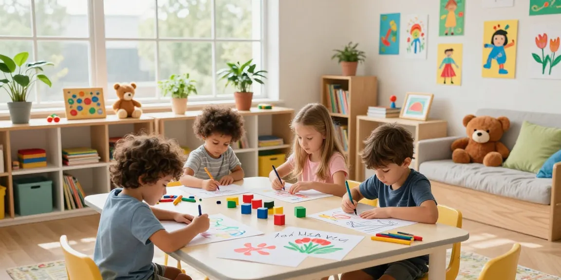 Kids enjoying engaging activities on colorful pages for kids in a bright playroom.