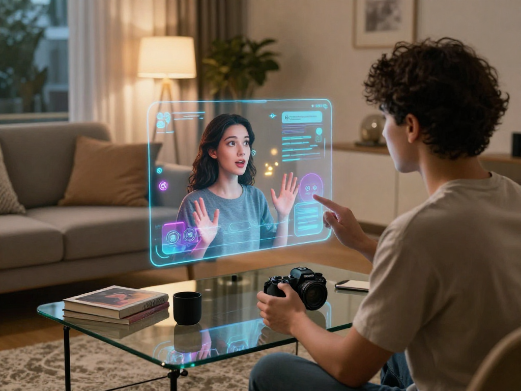 Engaging interaction with an ai girlfriend through holographic interface in a modern space.