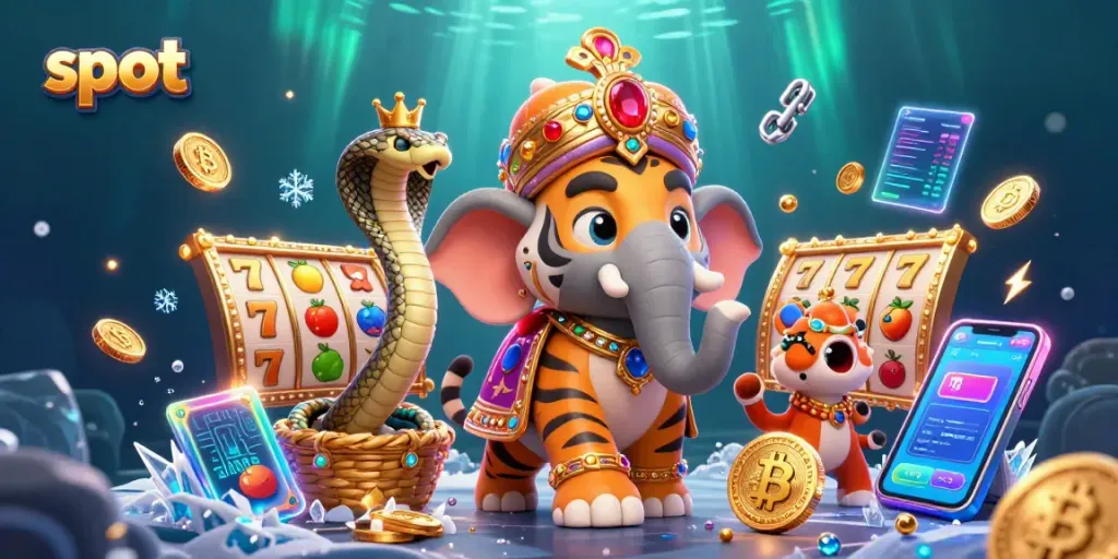 Spin the slot reels and win with a cartoon tiger in a vivid casino illustration.