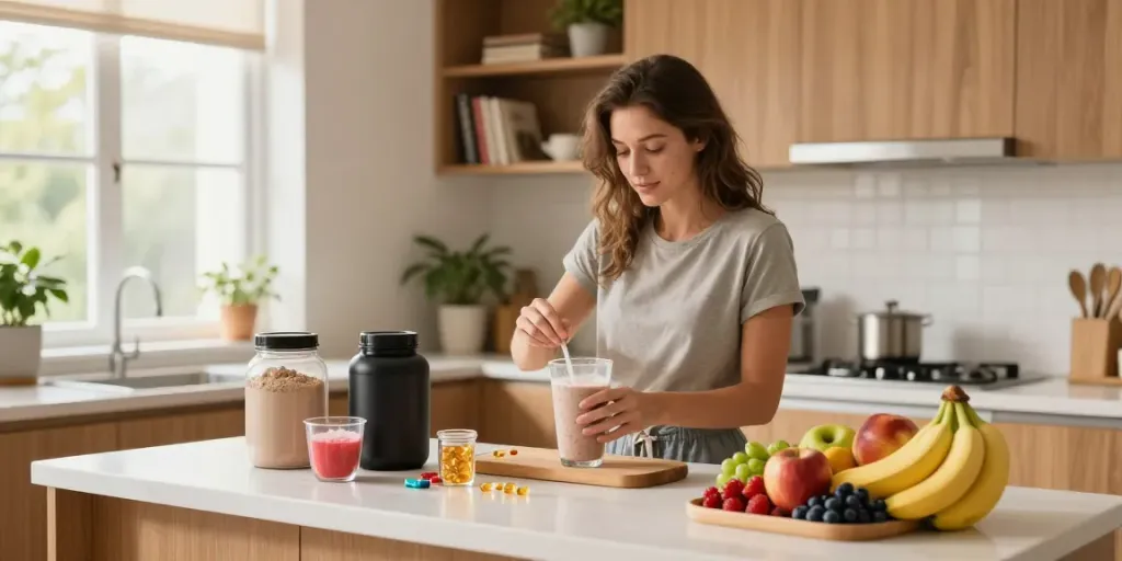 Preparing a delicious protein smoothie with the best supplements in a bright kitchen