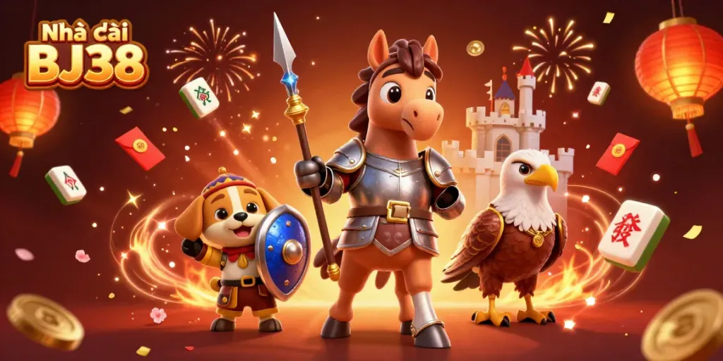 Engage the thrill of Nhà cái BJ38 as medieval characters celebrate with festive gambling elements in a vibrant casino scene.