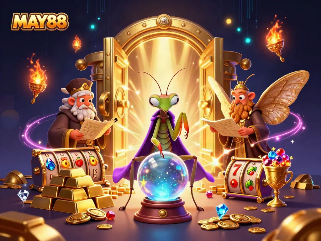 MAY88 players spin for jackpots and treasures in a vibrant, magical casino scene