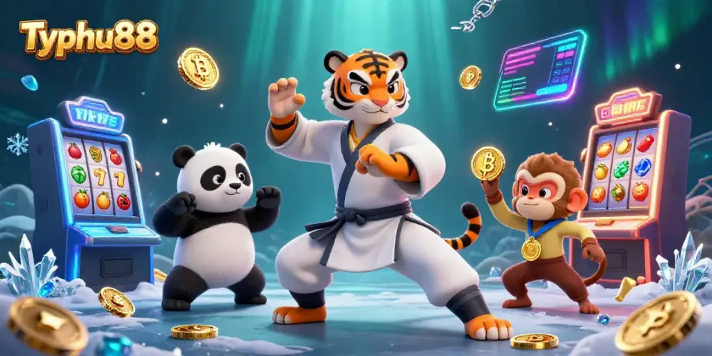 Engage with Typhu88's thrilling 3D casino art featuring slot machines, coins, and charismatic characters.