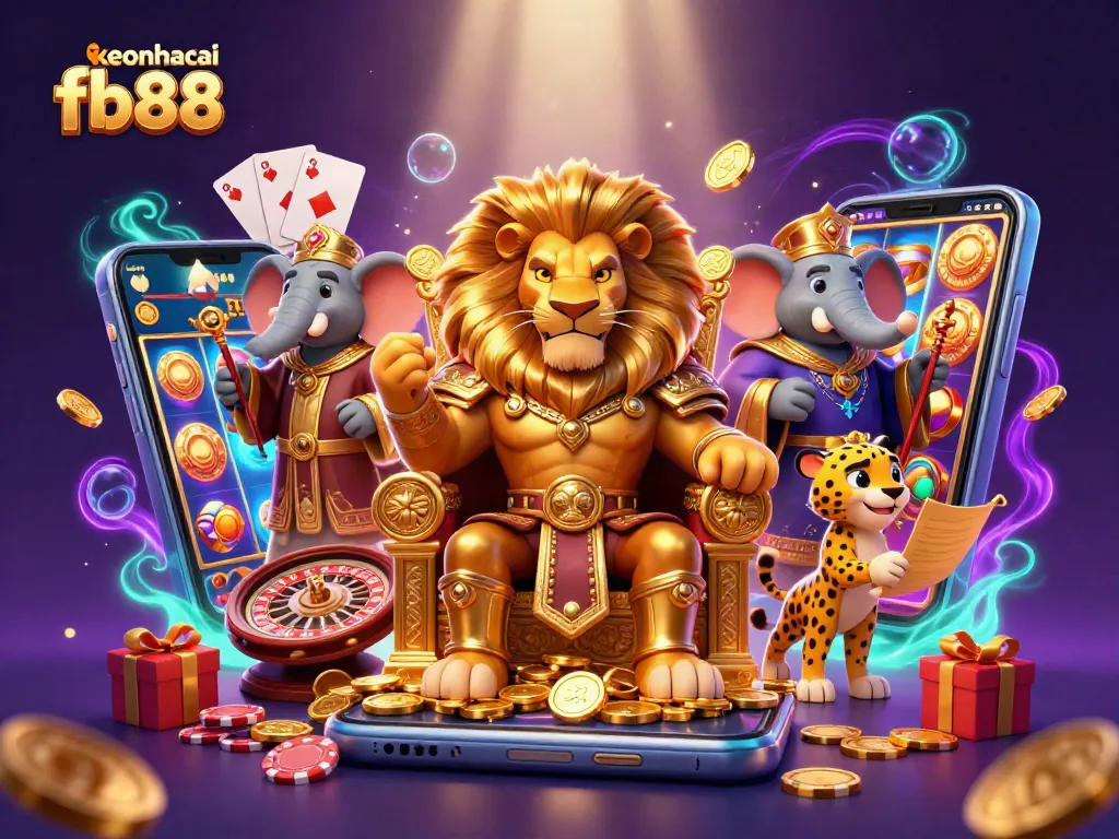 Experience keonhacai fb88's thrilling gaming with a vibrant 3D casino scene showcasing action-packed elements.