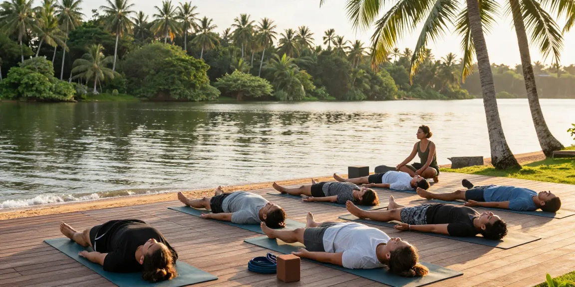 Yoga teacher training Sri Lanka - students practicing yoga poses on a serene deck by Koggala Lake, guided by an expert instructor.
