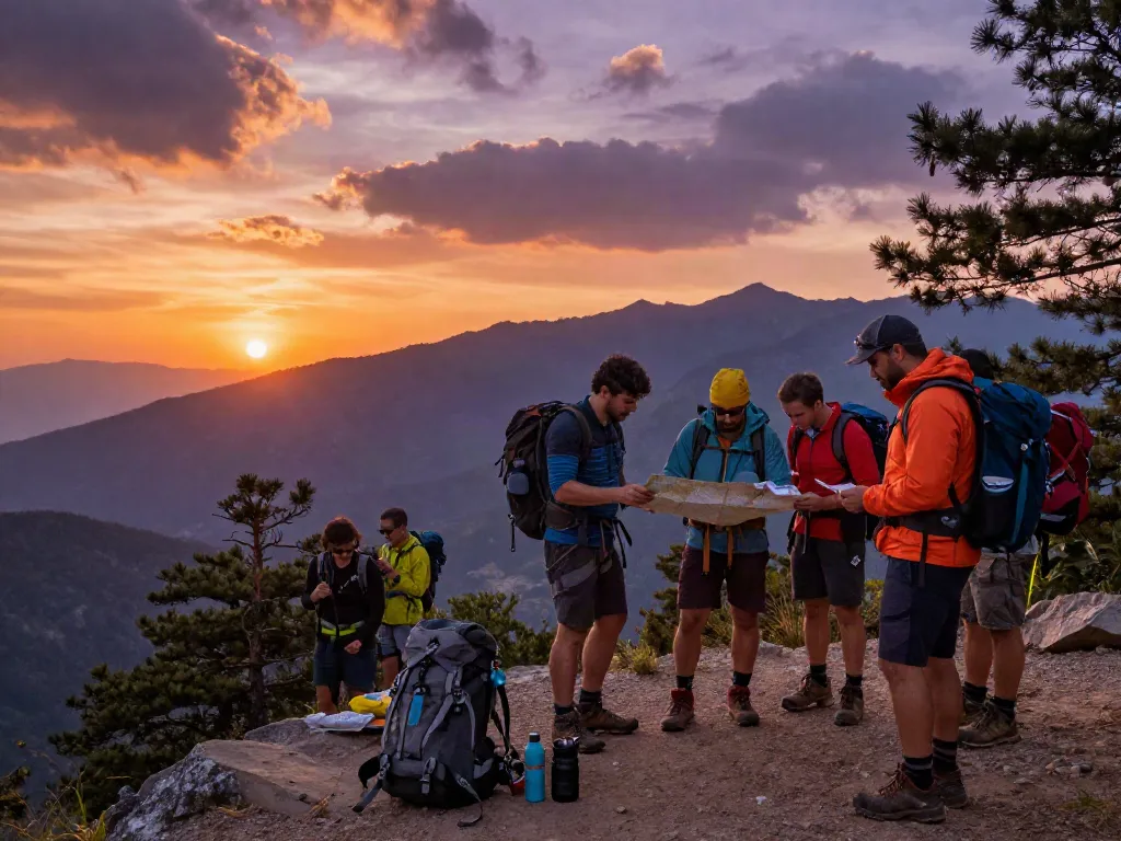 Pecah25 dalam petualangan hiking di pemandangan gunung menakjubkan saat matahari terbenam.