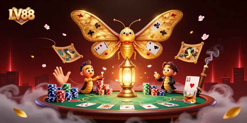 Experience LV88's vibrant casino world with a dazzling digital illustration featuring dynamic poker scenes.