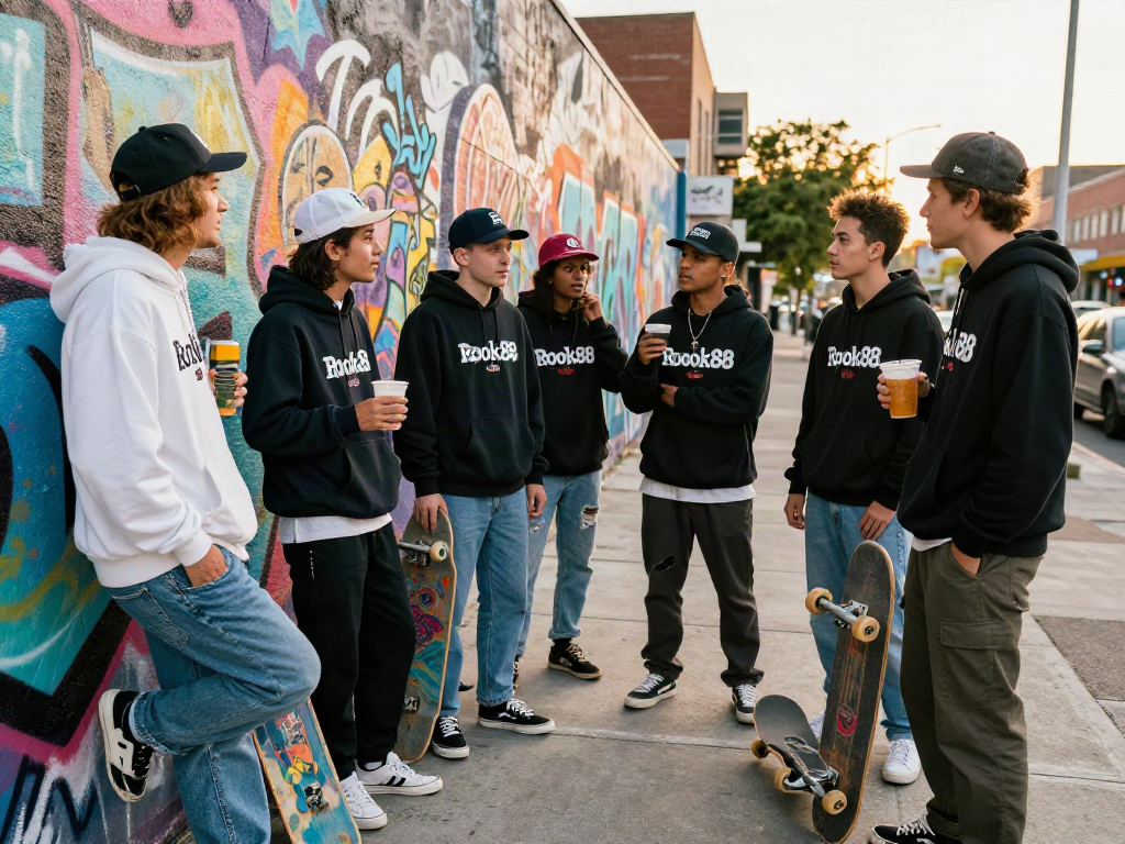 Young friends wearing stylish rokok88 merchandise engage in street culture, showcasing urban youth lifestyle.