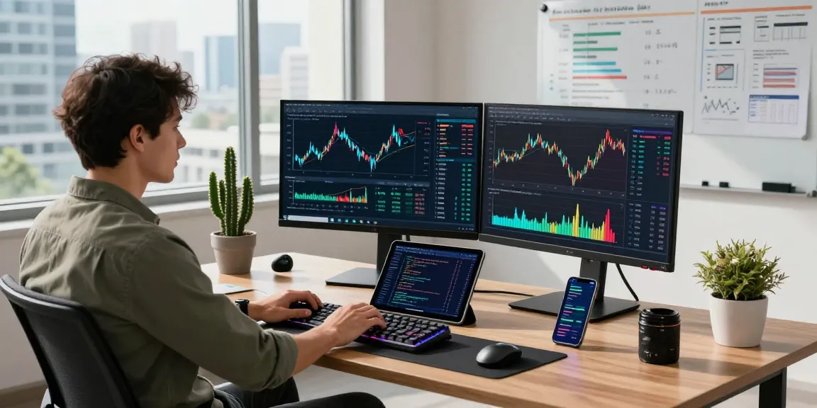 Developer utilizing financial data API at a modern workspace with real-time data visualizations and coding tools.