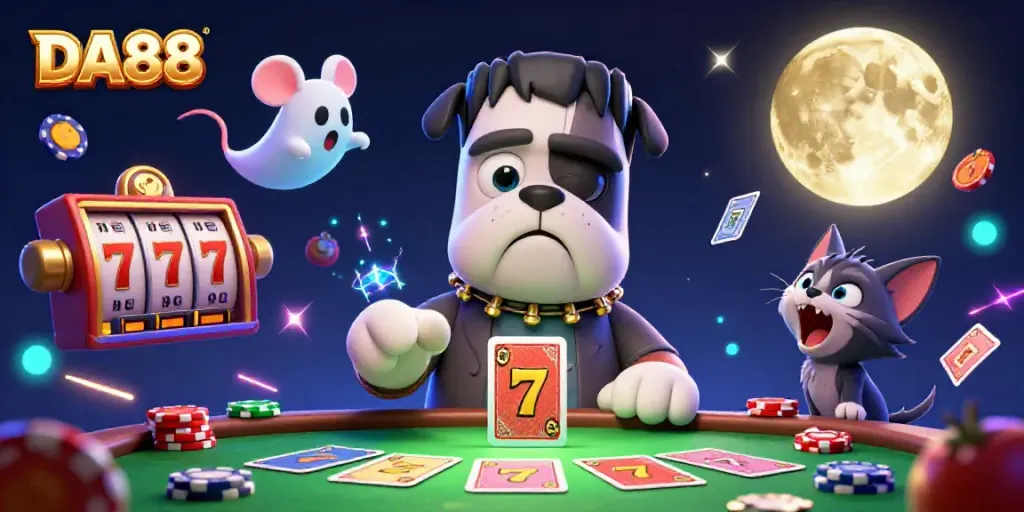 DA88 casino scene with a Frankenstein bulldog dealing cards surrounded by slot reels, gold coins, and vibrant energy