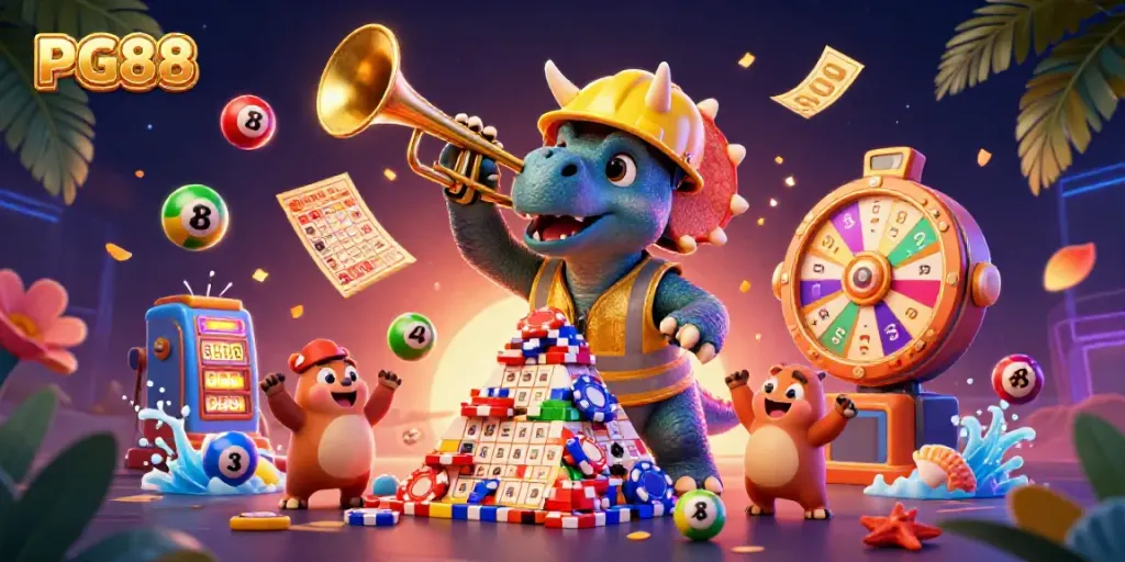 Experience PG88 excitement with a casino scene featuring vibrant characters surrounded by colorful gaming elements.