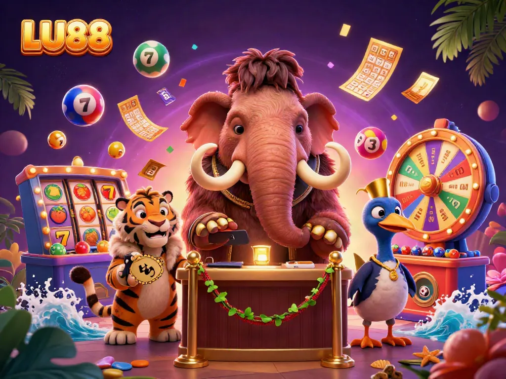 LU88 showcases a vibrant casino scene with a woolly mammoth bouncer and dynamic slot reels.