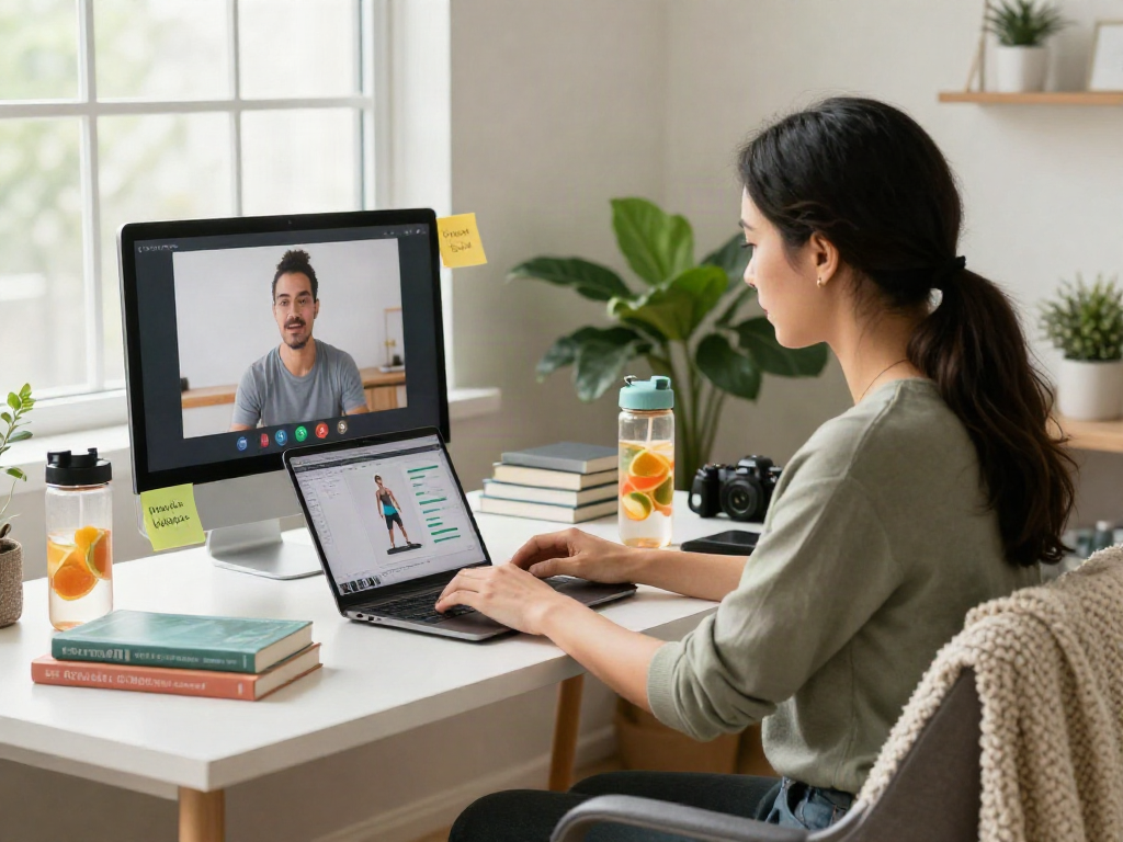 Health coaching with bolakami, showing a coach engaged in a virtual session in a bright home office.