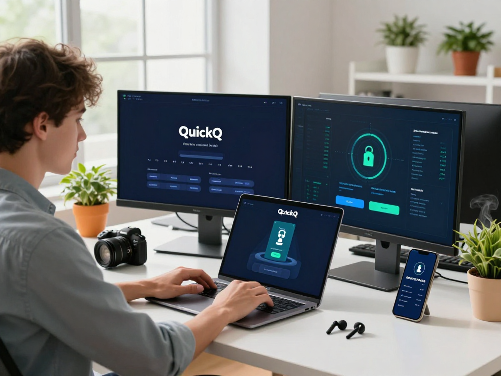 使用QuickQ的年轻专业人士在现代工作空间内展示超高速安全连接