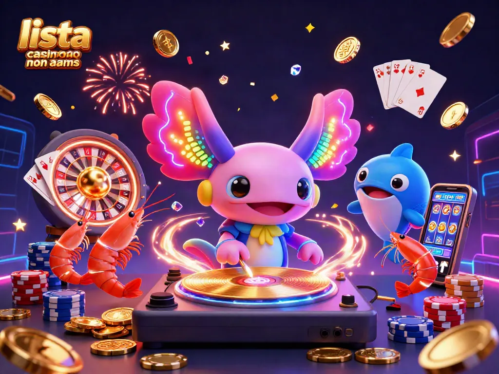 Scopri la vibrante scena del "lista casino non aams", con un DJ axolotl e giochi da tavolo circondati da monete dorate.
