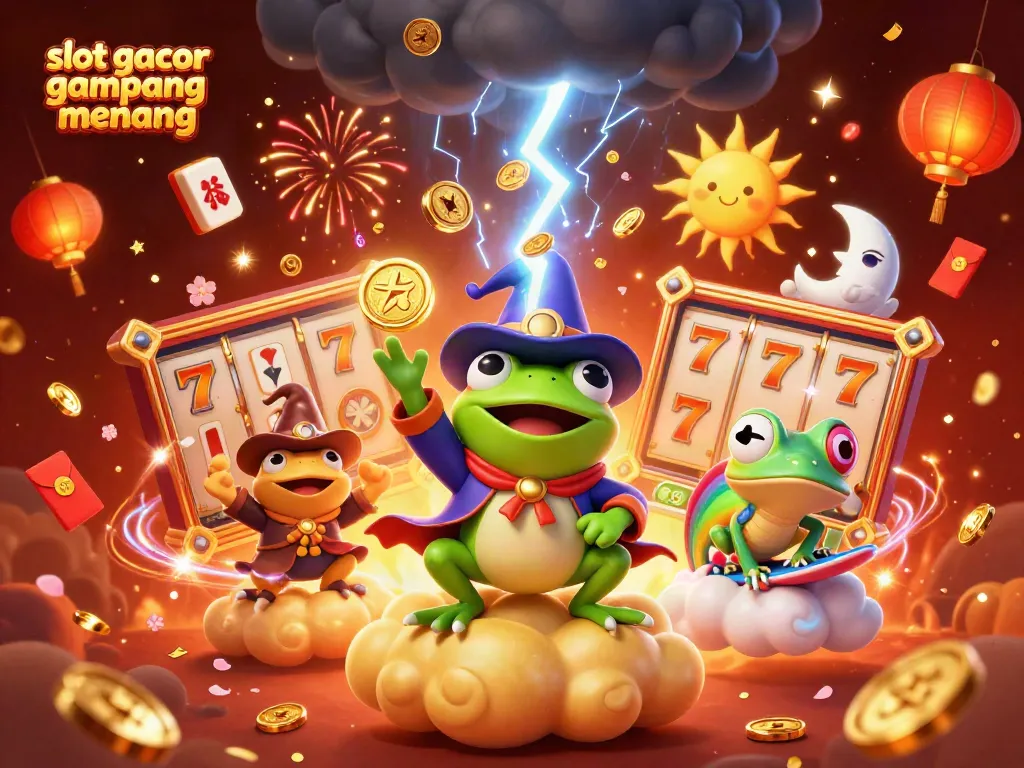 Slot gacor gampang menang menunjukkan raja slot dengan koin emas berjatuhan dan simbol keberuntungan di latar belakang yang berwarna merah.