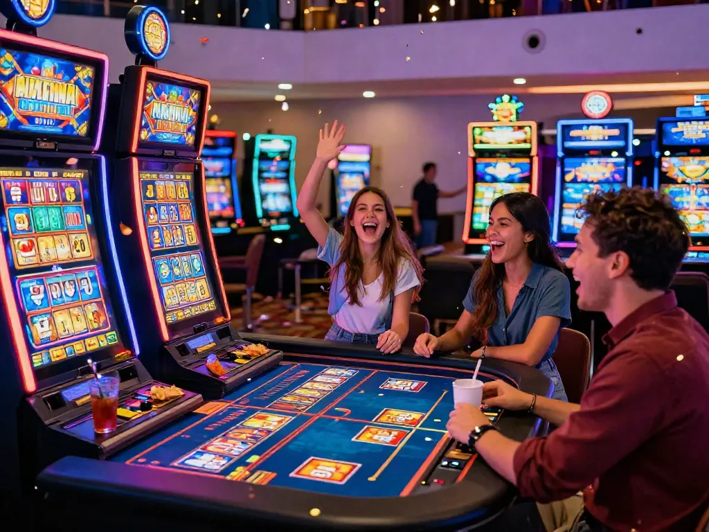 Friends celebrating big wins at a vibrant slot gaming table, capturing the excitement of playing slots.