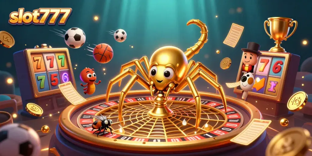 Slot777 menawarkan roulette emas menawan dan karakter unik dalam ilustrasi 3D, menarik pemain ke pengalaman bertaruh.