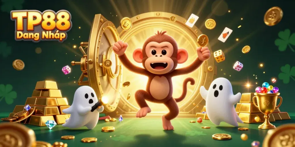 Engage in thrilling games with TP88 Đăng Nhập in a vibrant casino scene featuring juggling golden coins and a curious puppy.