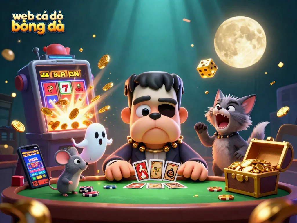 Các nhân vật hài hước trong web cá độ bóng đá đang tham gia trò chơi cá cược tại bàn casino.