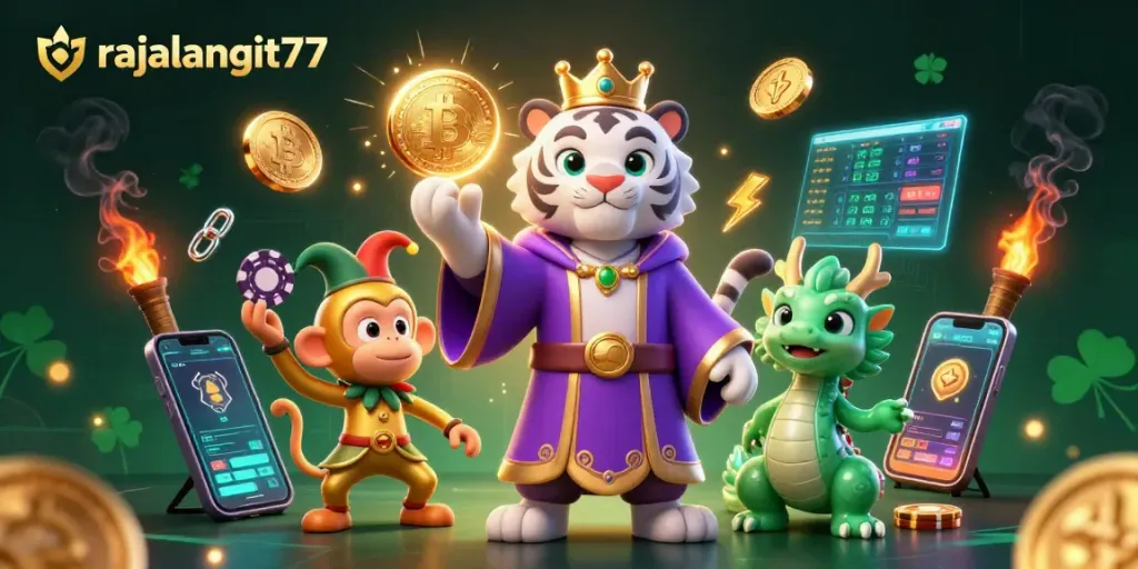 Rajalangit77 memikat pemain dengan ilustrasi kasino yang menampilkan slot dan simbol keberuntungan.