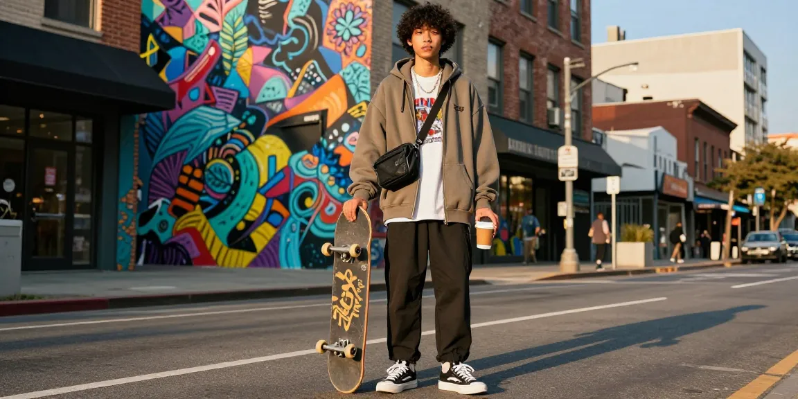 Street style moment showcasing essential hoodies in urban fashion setting with artistic background.