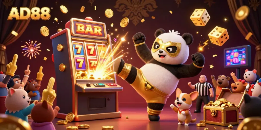 Experience excitement at AD88 with a cartoon wrestler panda kicking into a jackpot-themed scene full of symbols and spectators.