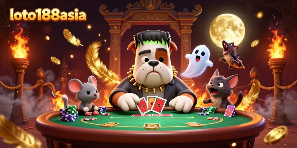 Experience excitement with loto188asia as a Frankenstein bulldog deals cards in a spooky casino scene.