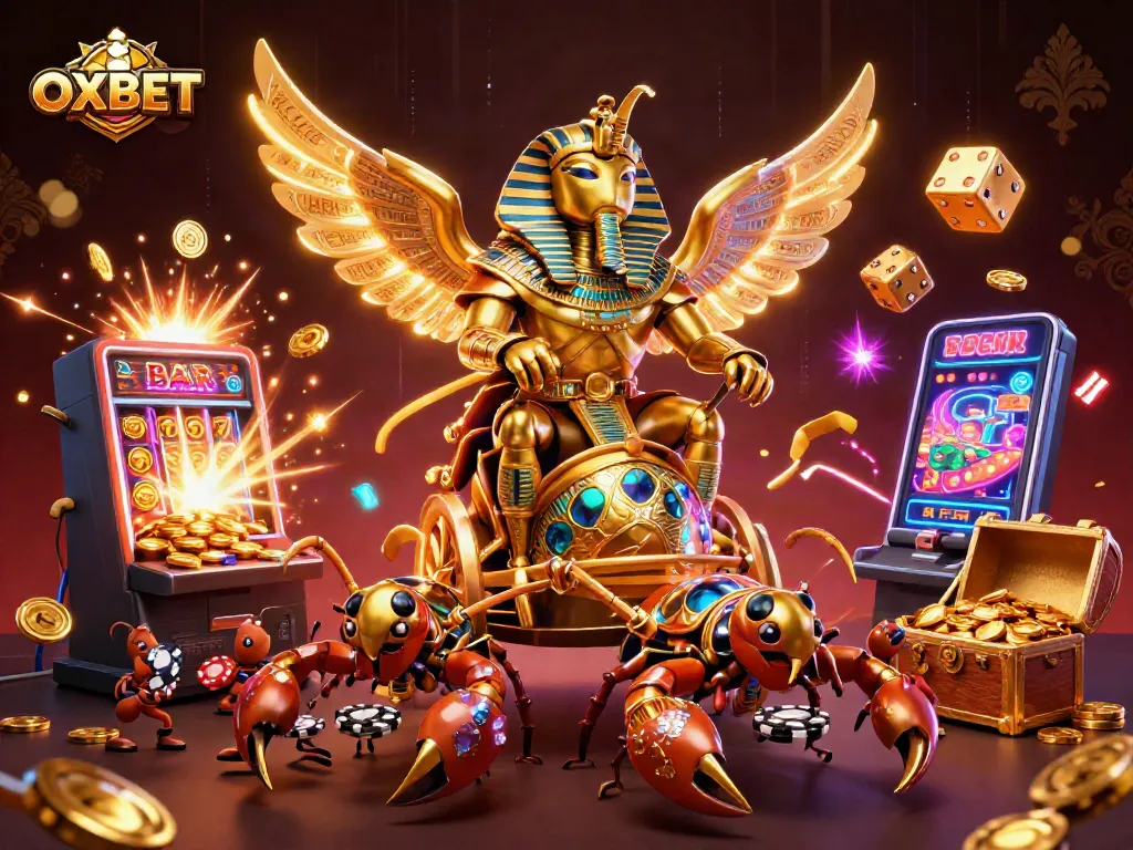 Experience thrilling gaming at OXBET with captivating 3D animation showcasing vibrant casino elements.