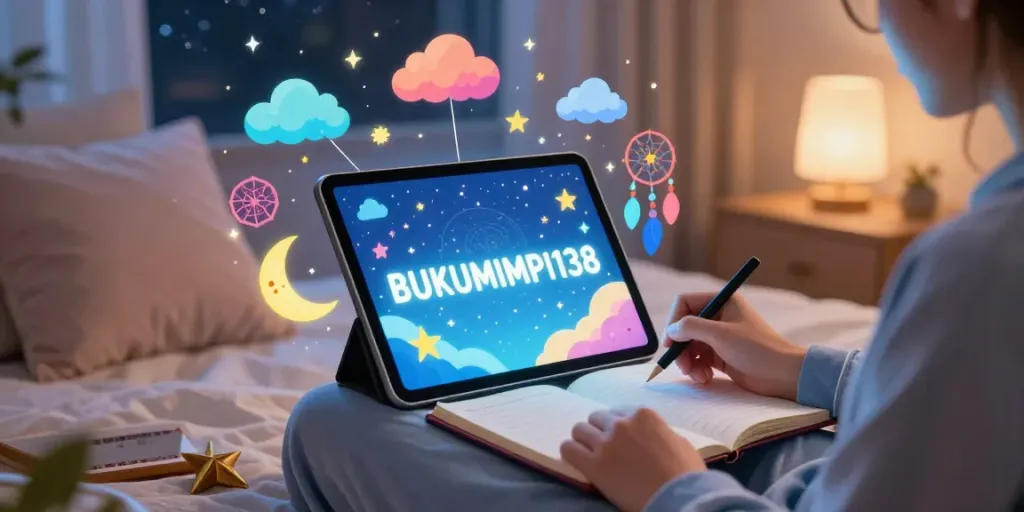 BUKUMIMPI138 platform dengan simbol mimpi berwarna-warni di tablet digital dan catatan mimpi di ruang yang nyaman.