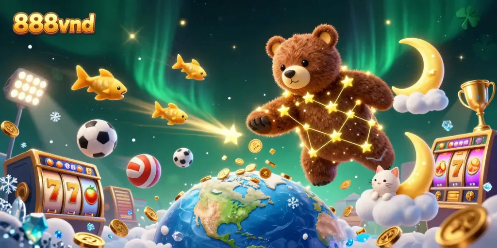 Experience the thrill of gaming with 888vnd as golden stars and a moon cat summon jackpot coins in a vibrant scene.