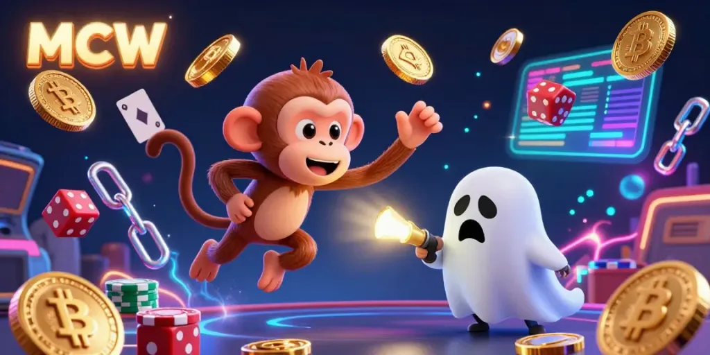 Engage in the thrilling MCW casino experience, showcasing a mischievous monkey juggling coins and a curious puppy hunting ghosts.