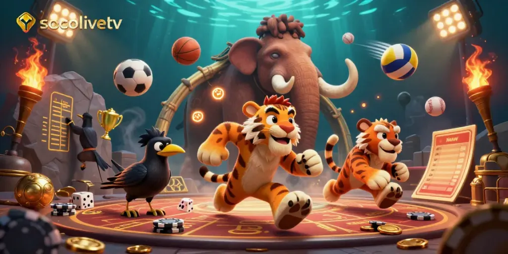 Engage in thrilling gaming action with SocoliveTV's vibrant 3D casino scene featuring dynamic sports elements and engaging characters.