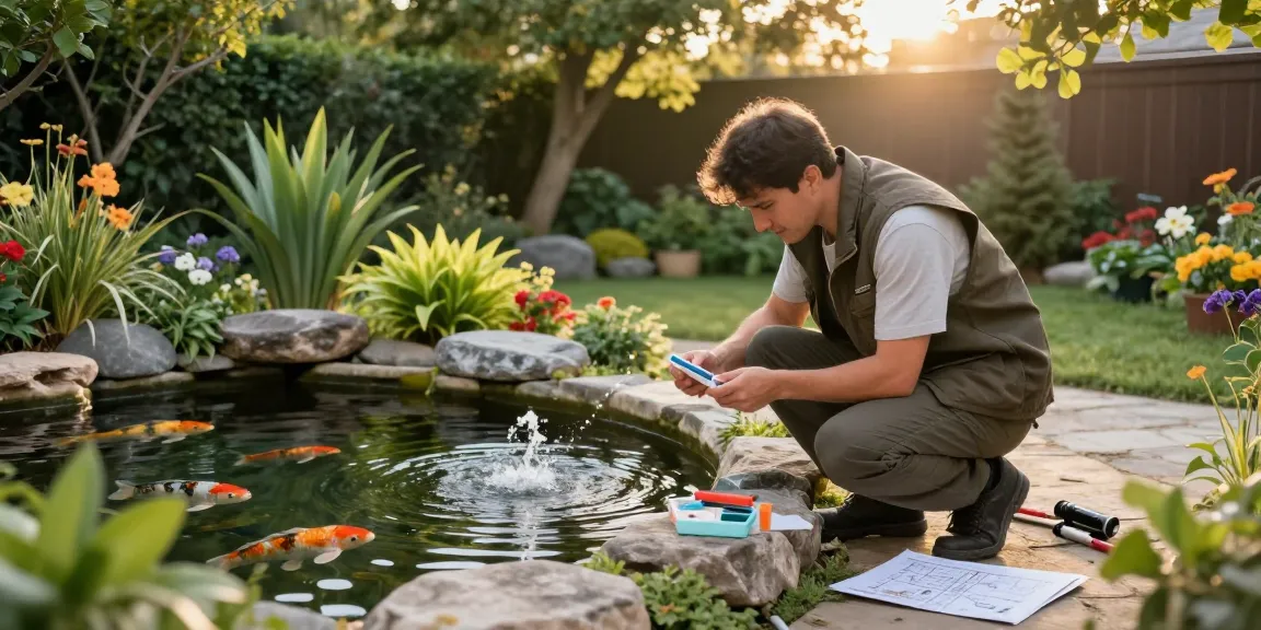 Pond expert near me inspecting water quality in serene backyard pond surrounded by vibrant plants.