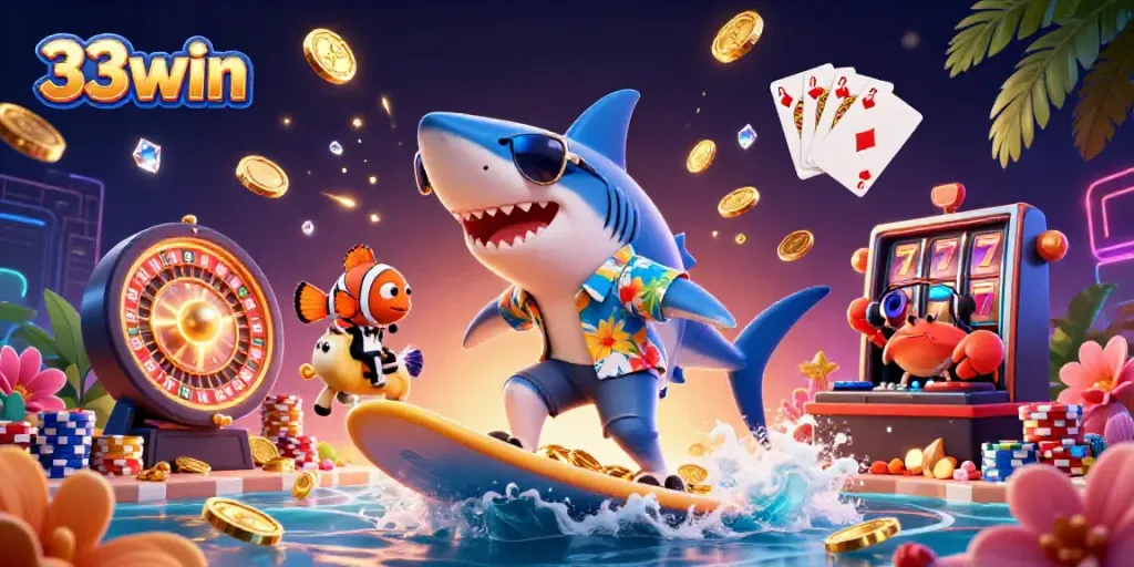 Surf the waves of fortune at 33win with playful marine characters amidst cascading coins and vibrant casino elements.
