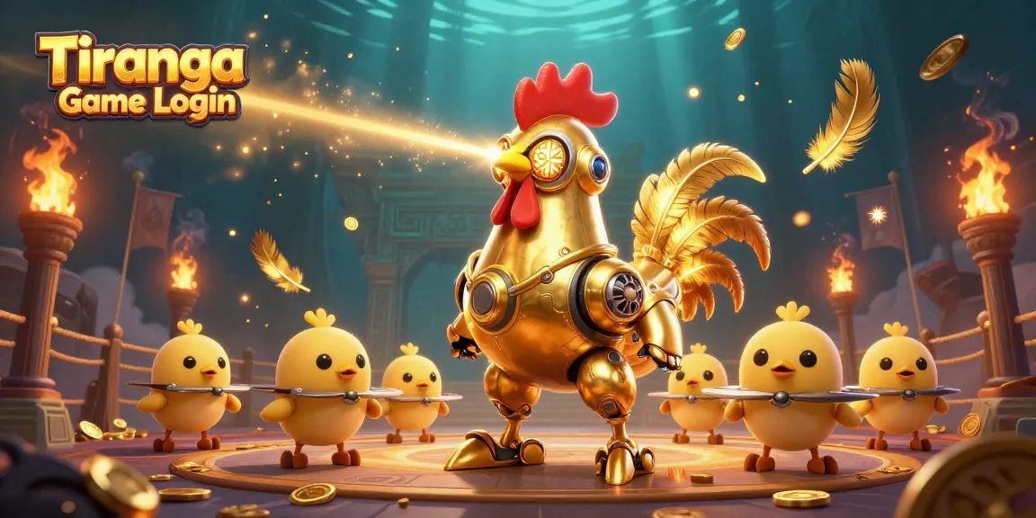 Tiranga Game Login visualizes dynamic gaming excitement with a golden rooster robot in action.
