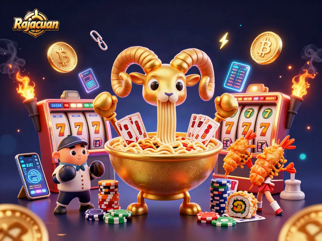 Rajacuan boosts excitement with a vibrant scene of a golden ramen bowl and friends dealing casino cards.