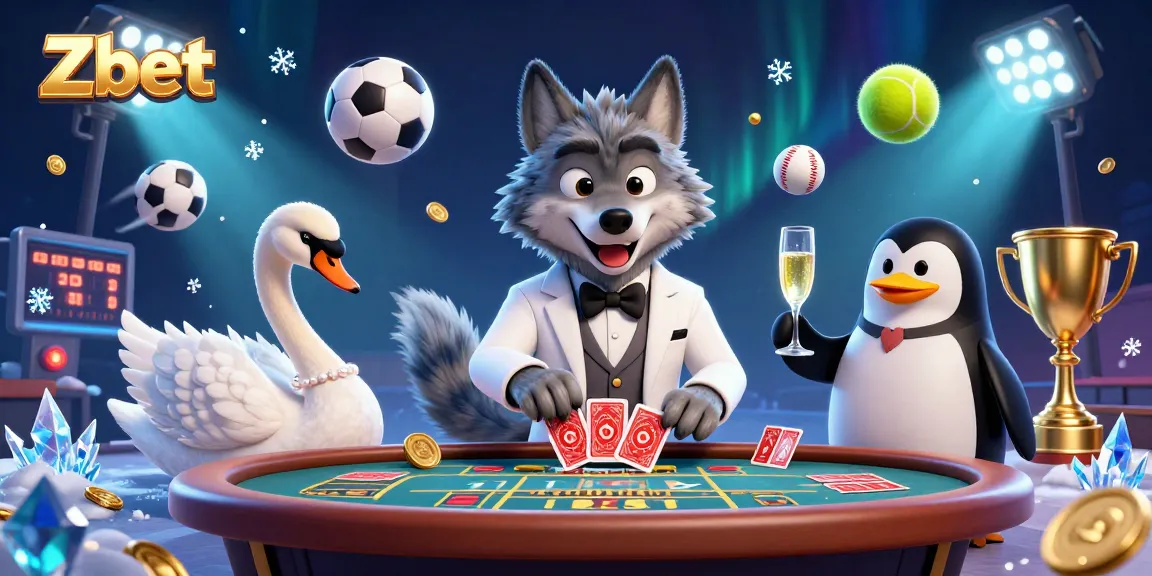 Zbet showcases thrilling sports betting with elegant characters at a baccarat table surrounded by dynamic game elements.