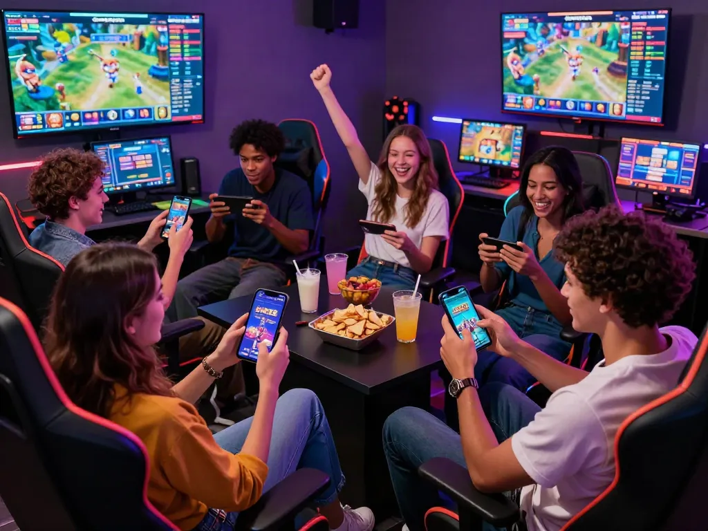 luxury12 gaming scene with friends enjoying mobile slots in a vibrant lounge