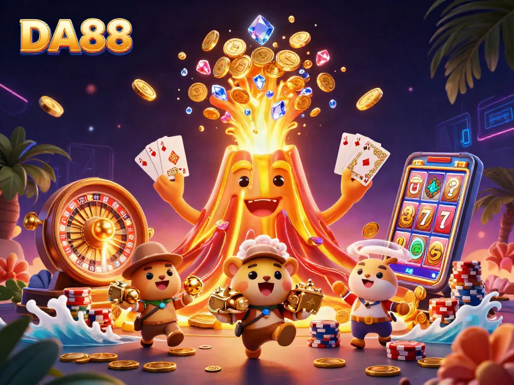 DA88 players celebrate jackpots from colorful slots with coins cascading around them.
